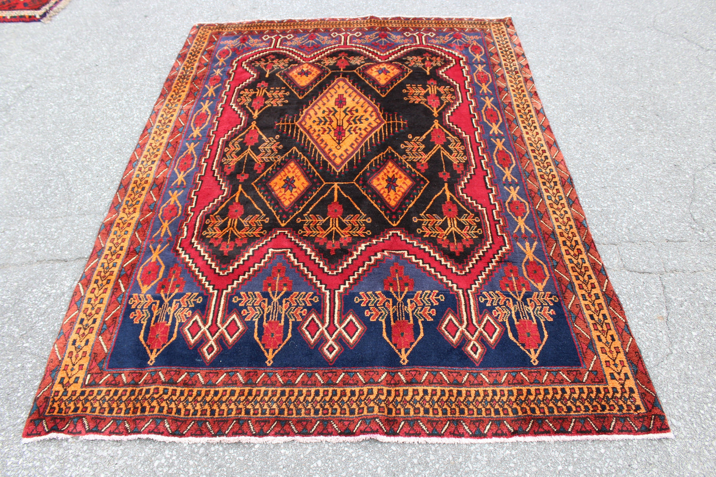 Red Blue 5x7 Vintage Hand Knotted Rug
