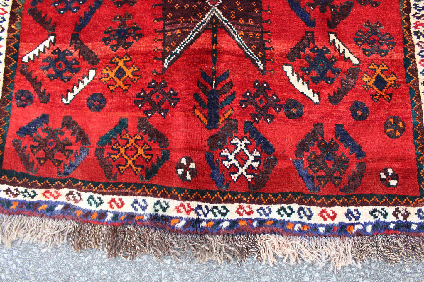 Bold Red 4x6 Rug with Ivory Border and Diamond Medallions | Handmade Vintage Wool