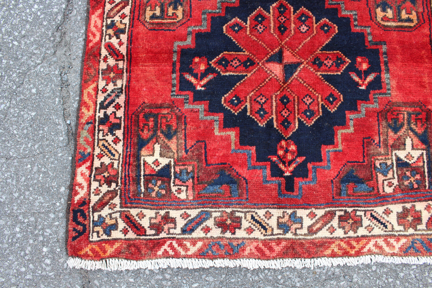 Red 3x6 Runner Rug with Navy Blue Medallions | Handmade Persian Turkish Rug