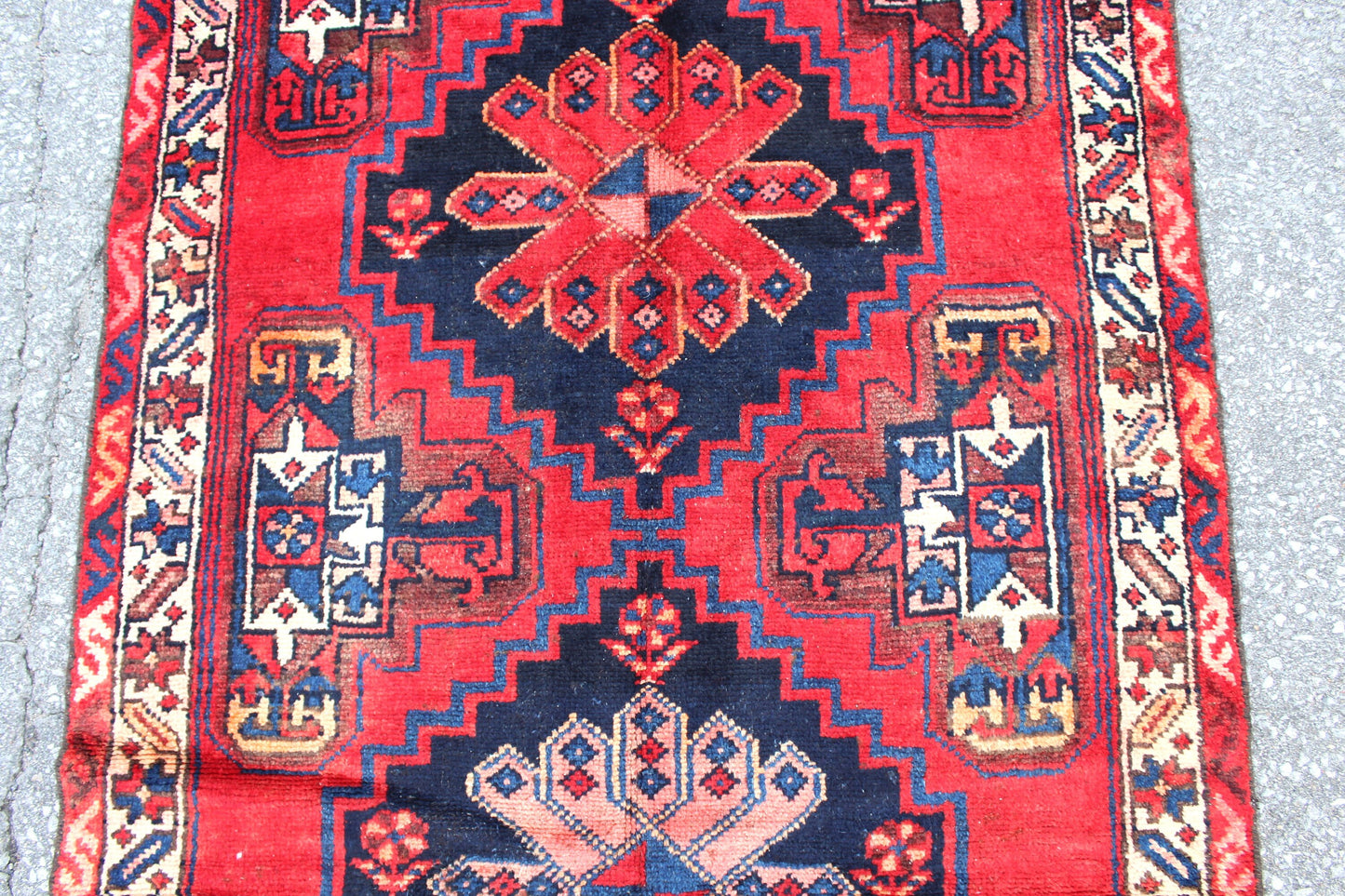 Red 3x6 Runner Rug with Navy Blue Medallions | Handmade Persian Turkish Rug