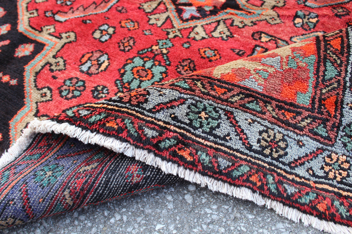 Red Black 5x8 Vintage Hand Knotted Rug