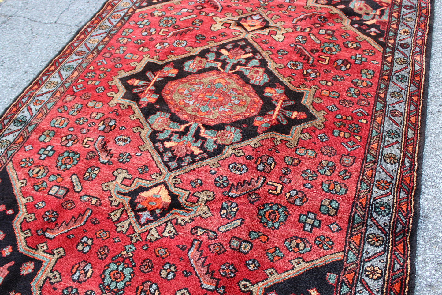 Red Black 5x8 Vintage Hand Knotted Rug