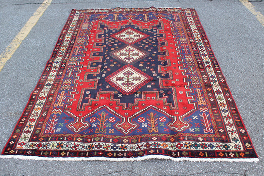 Red Blue 5x8 Vintage Rug | Tribal Oriental Persian Rug | Kazak Bohemian Rug | Handmade Rug