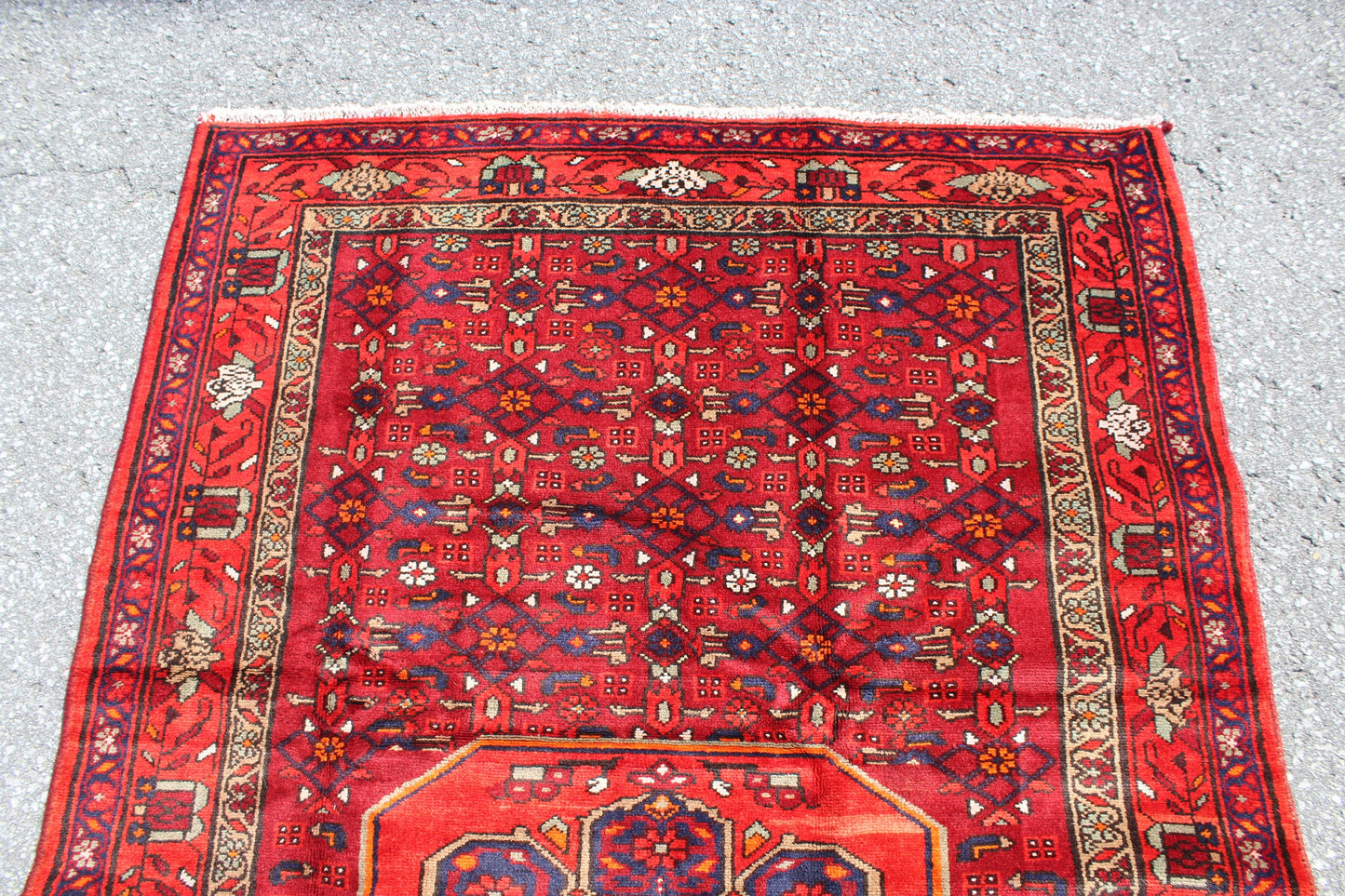 Bright Red Orange 4x7 Tribal Vintage Rug with Olive Green Border