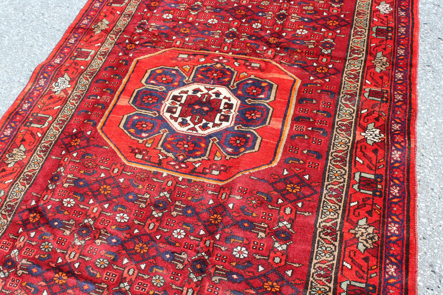 Bright Red Orange 4x7 Tribal Vintage Rug with Olive Green Border