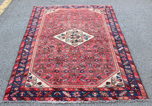 Pink Vintage 5x7 Vintage Handmade Area Rug | Bright Blue Border