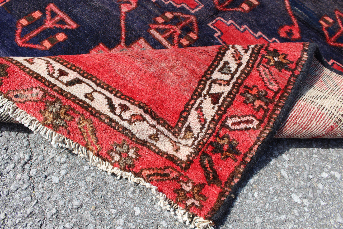 Bright Red Rug with Navy Blue Central Medallions | Hand Knotted Vintage