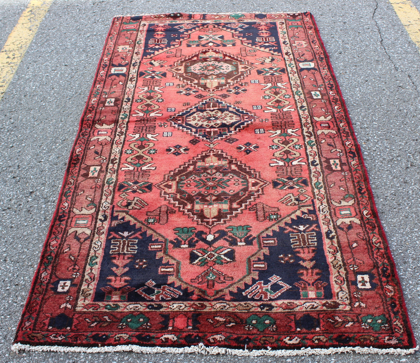 Orange Navy 4x7 Vintage Tribal Handmade Rug with Medallions