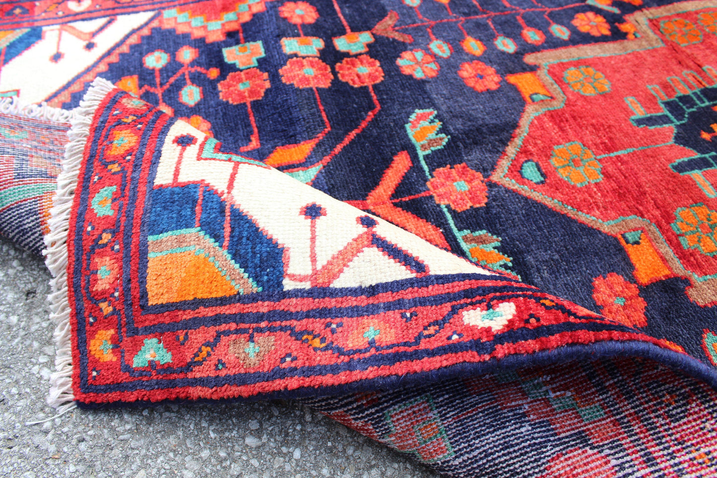 Navy Blue 3x 11 Rug with Red Medallion & Border | Vintage Hand Knotted