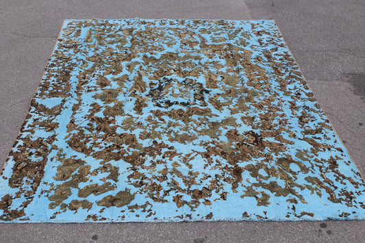 Blue Gold 9x11 Vintage Rug | Tribal Oriental Persian Rug | Kazak Bohemian Rug | Handmade Rug