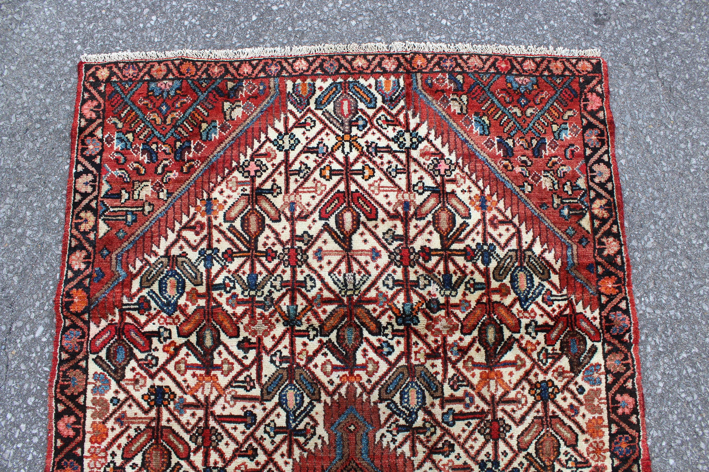 Ivory Runner Rug 3'6" x 6'11" with Coral Green Persian Tribal Design
