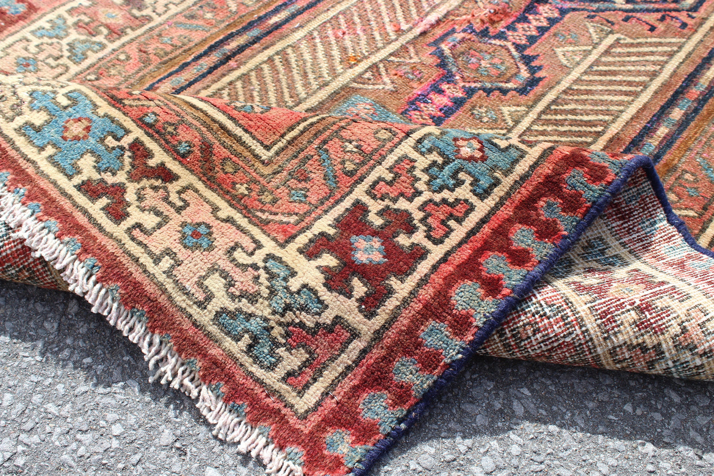 Brown Pink Persian Runner Rug with Green Accent | Wool Handmade