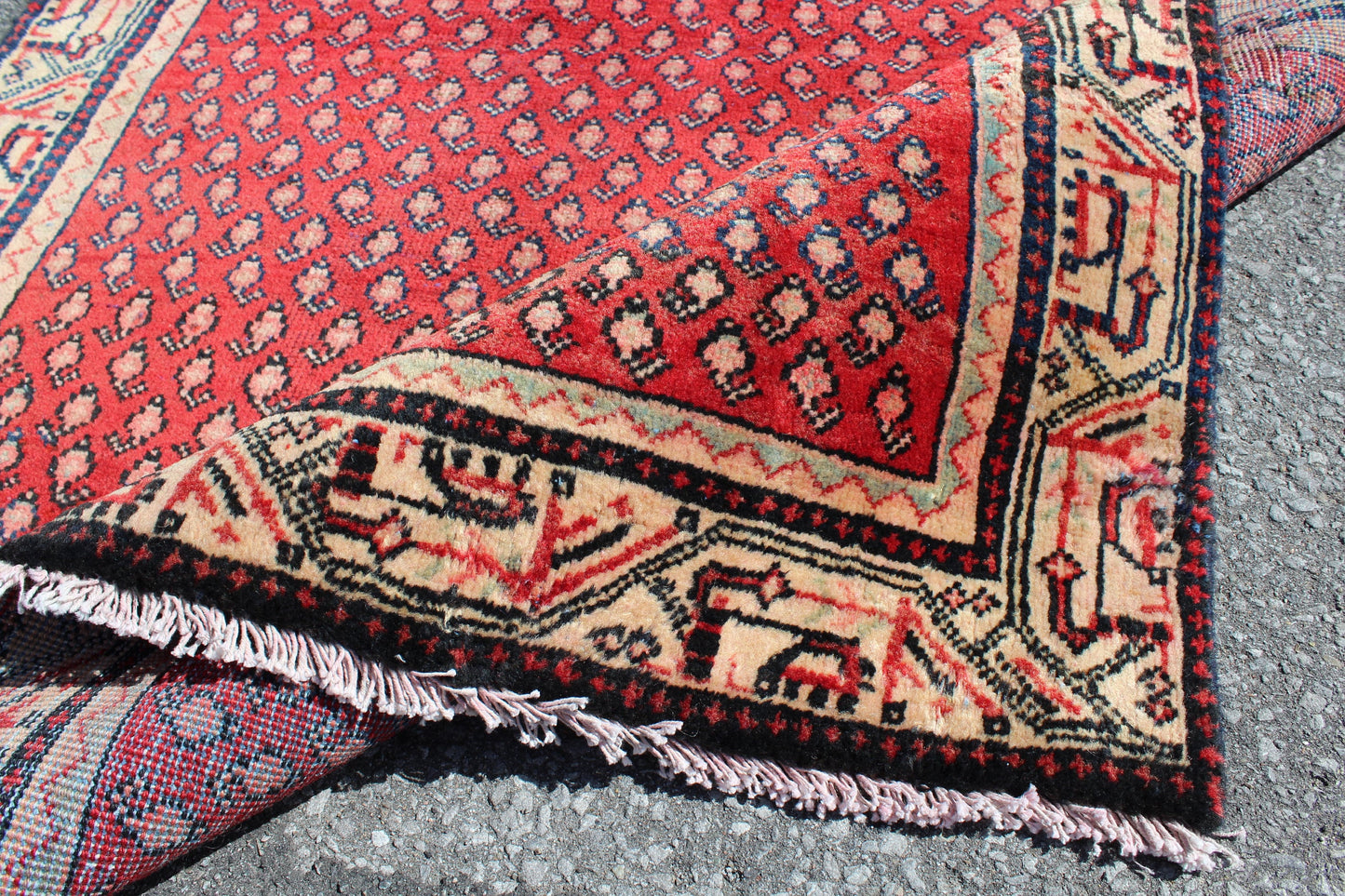 Red 4x6 Rug with Yellow Navy Border | Vintage Hand Knotted Rug