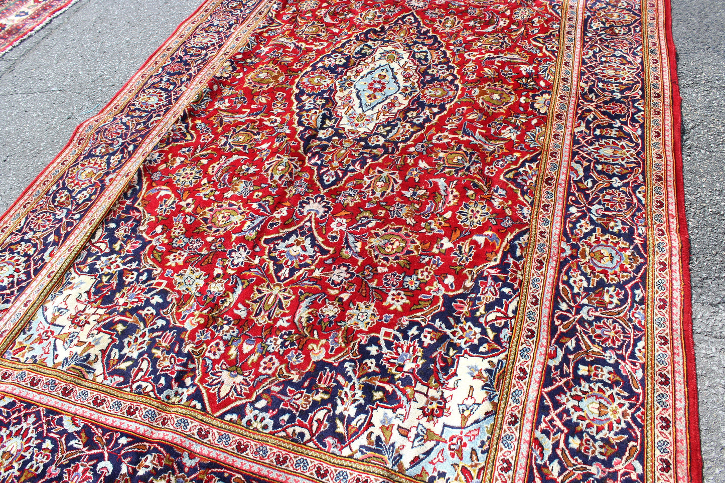 Red Blue 7x11 Vintage Hand Knotted Rug