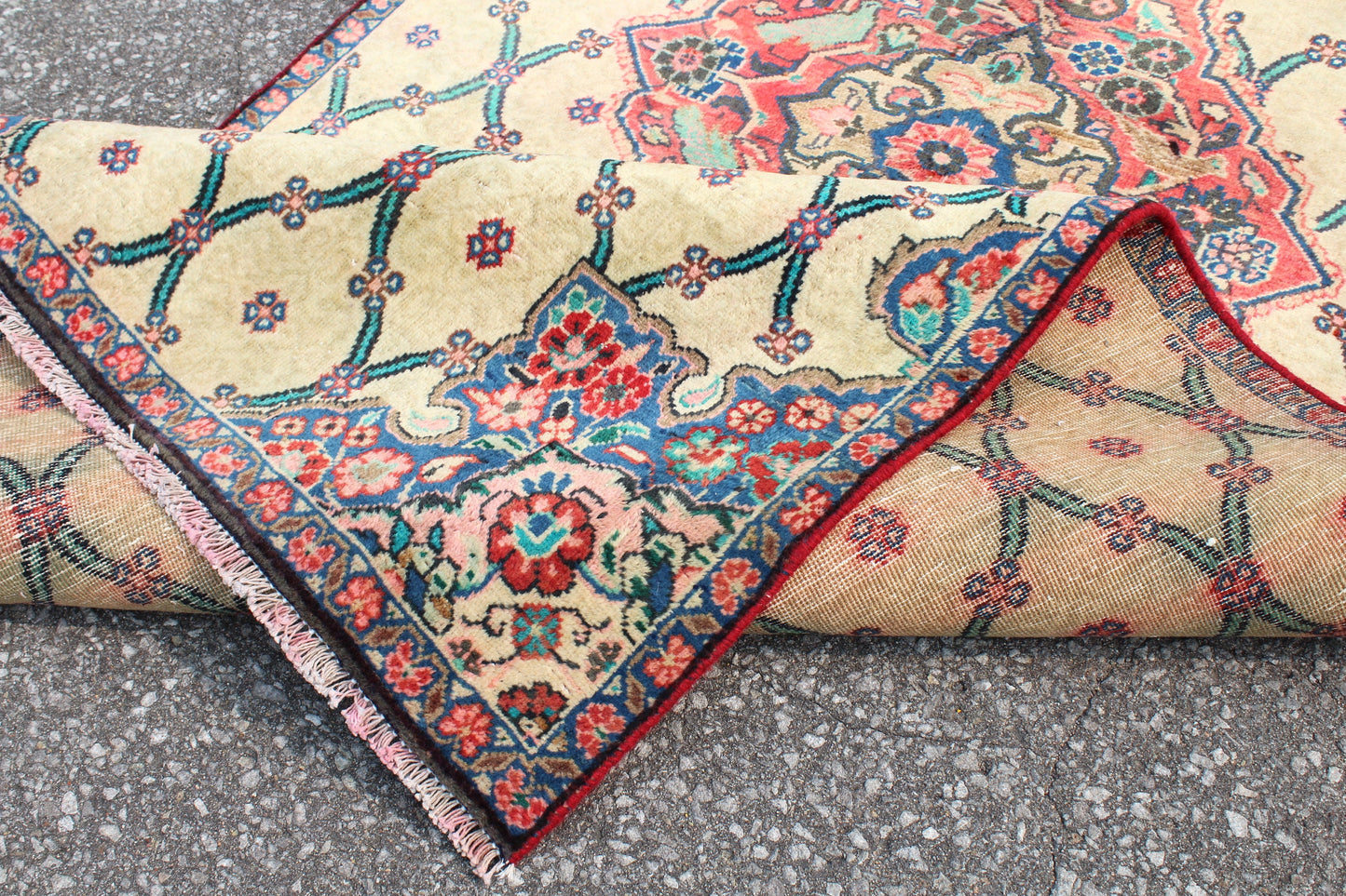 Beige Navy Blue 4x8 Vintage Hand Knotted Rug