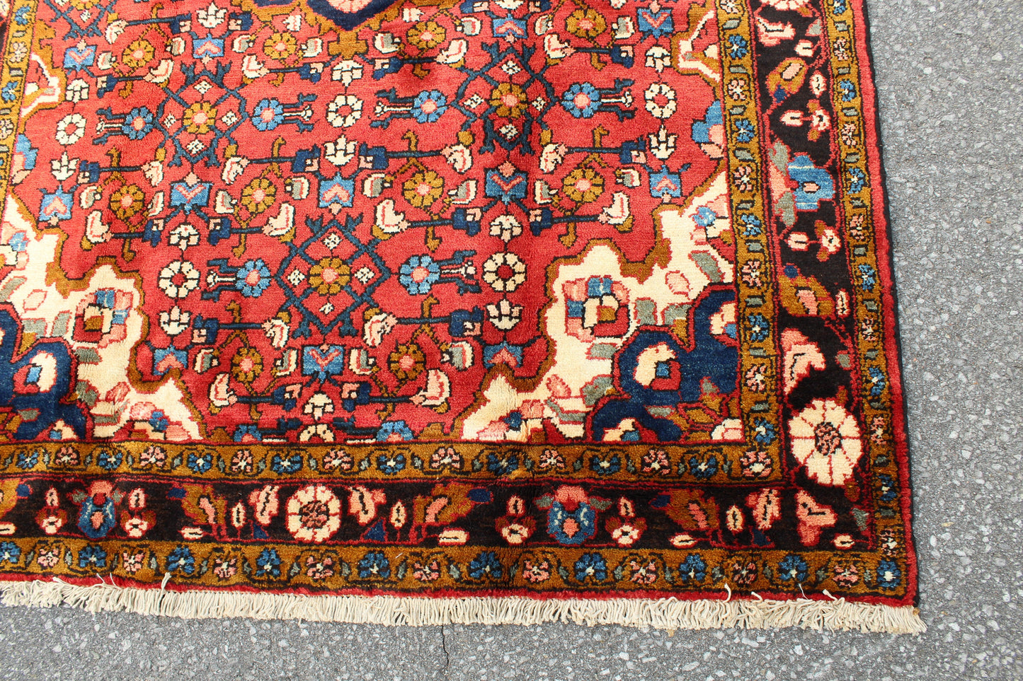 Red Oriental Rug with Navy Blue Border Yellow Accents | 4'7" x 7'7"