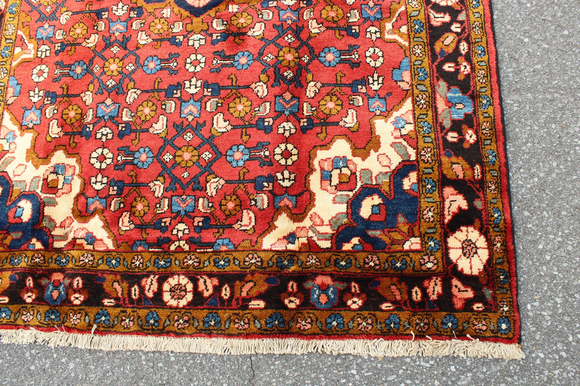 Red Oriental Rug with Navy Blue Border Yellow Accents | 4'7" x 7'7"
