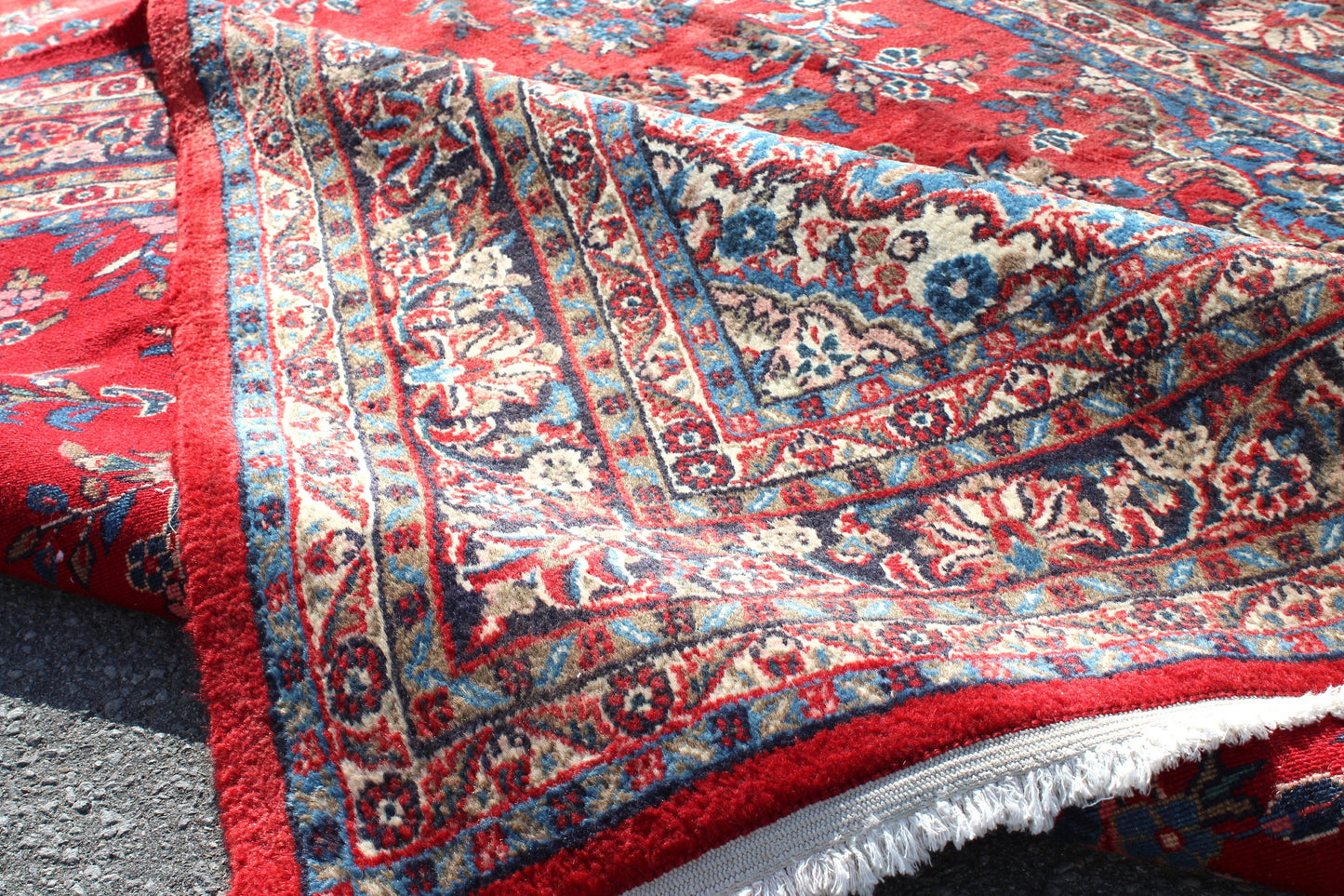 Red Oriental 7x10 Handmade Rug with Blue Borders