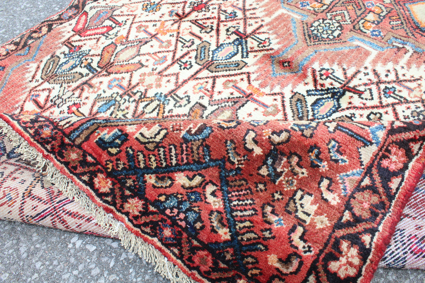 Ivory Runner Rug 3'6" x 6'11" with Coral Green Persian Tribal Design