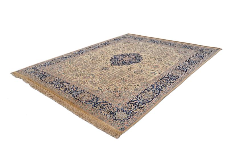 Large Beige 8x10 Hand Knotted Wool & Silk Rug