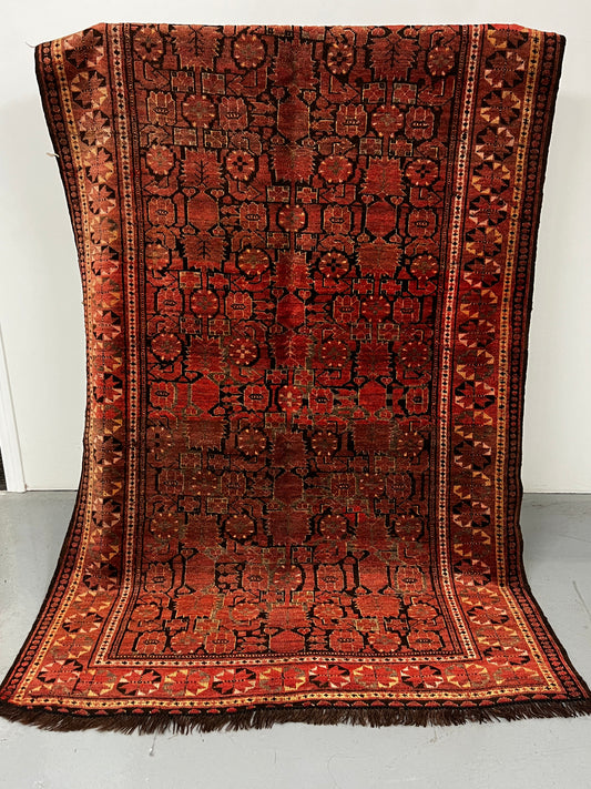 Red Brown Floral 4'4" x 8 Hand Knotted Runner Rug
