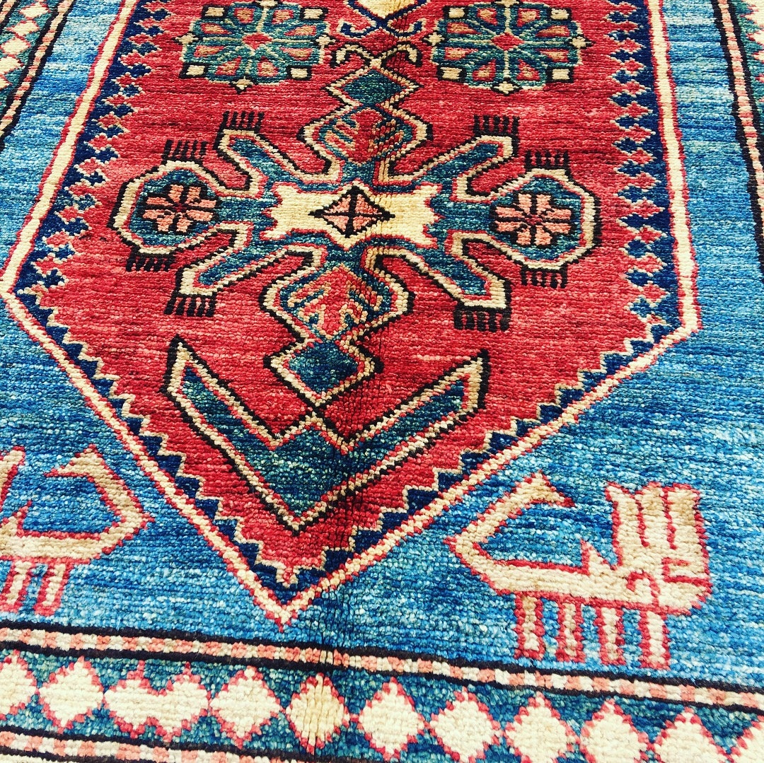 Handmade 3x5 feet Tribal Blue Beige Runner Rug Wool with Red Central Medallion