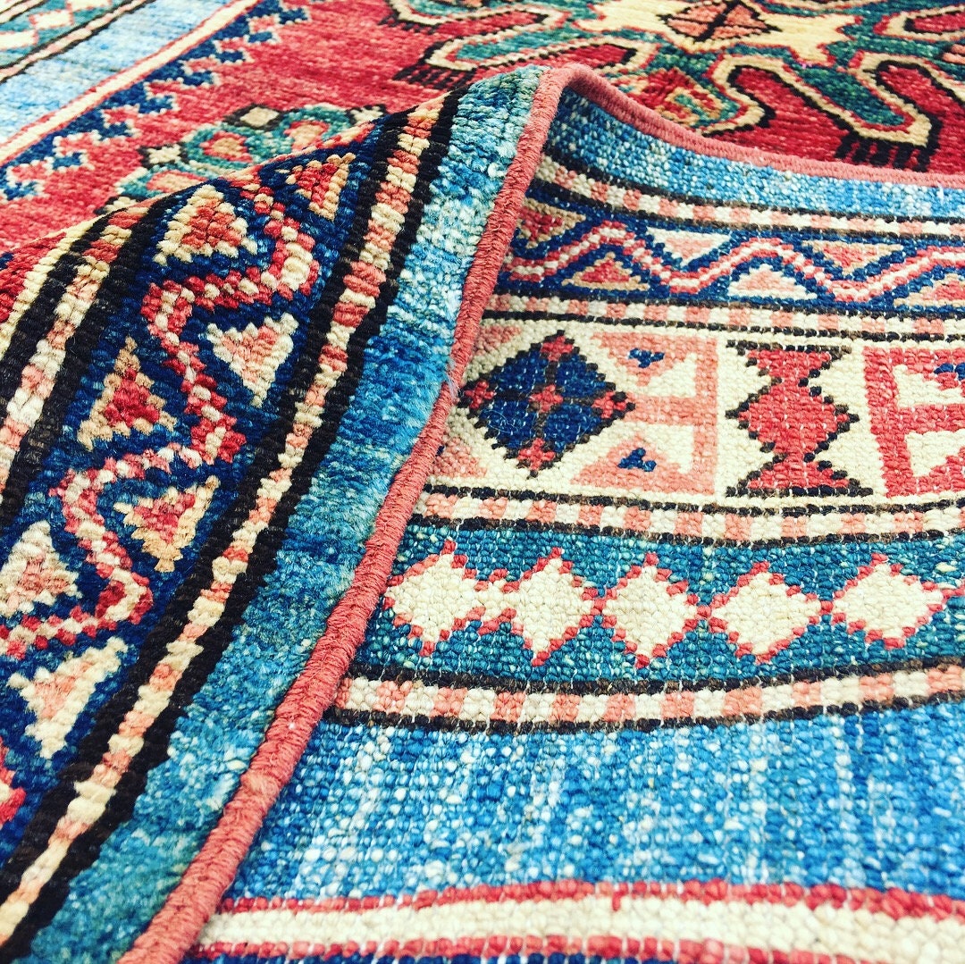 Handmade 3x5 feet Tribal Blue Beige Runner Rug Wool with Red Central Medallion