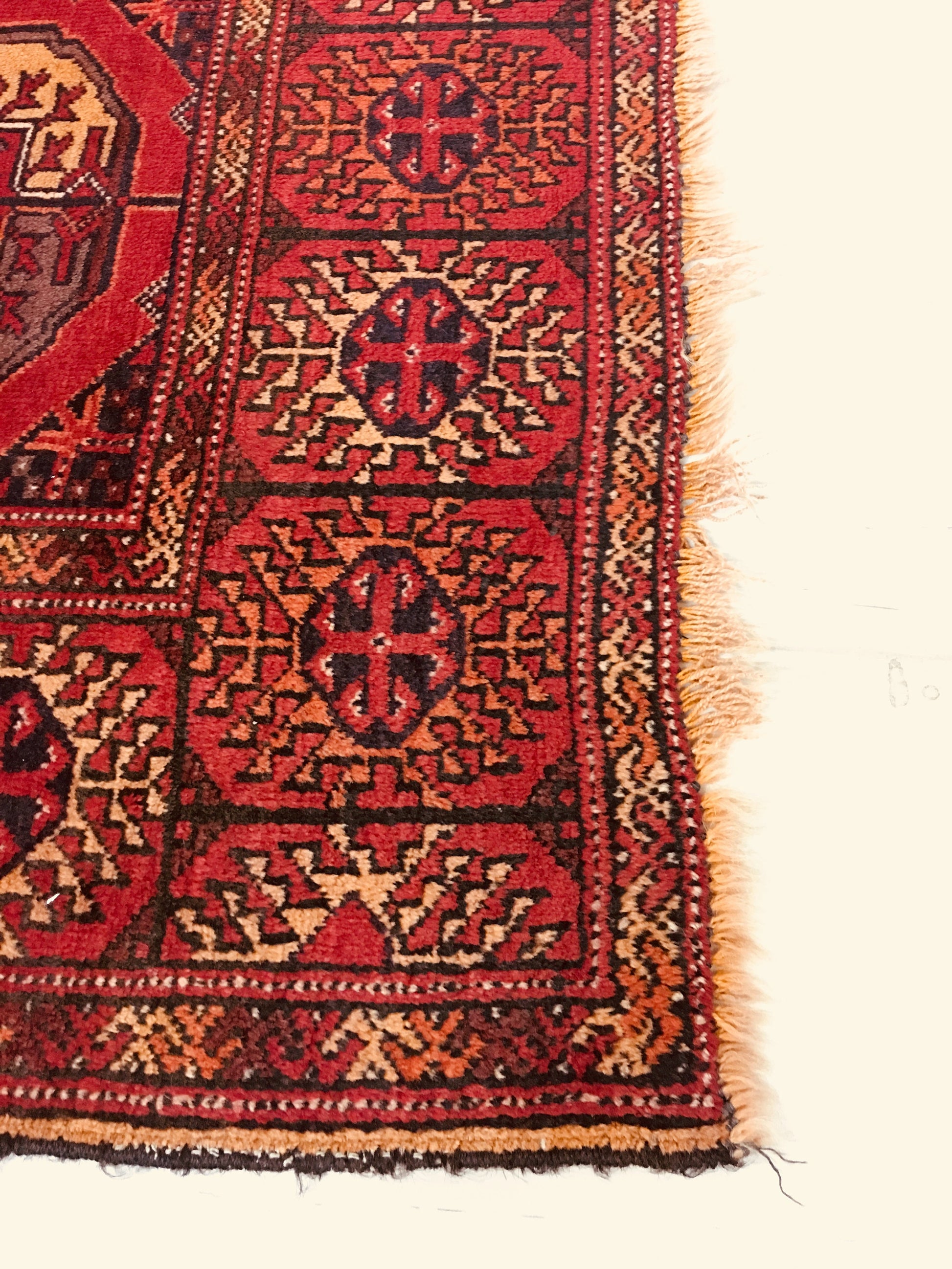 Antique Hand Knotted 4x6 Rug, Bright Red Navy Tribal Medallions, Low Pile Wool