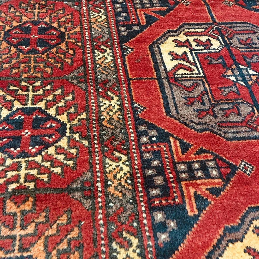 Antique Hand Knotted 4x6 Rug, Bright Red Navy Tribal Medallions, Low Pile Wool