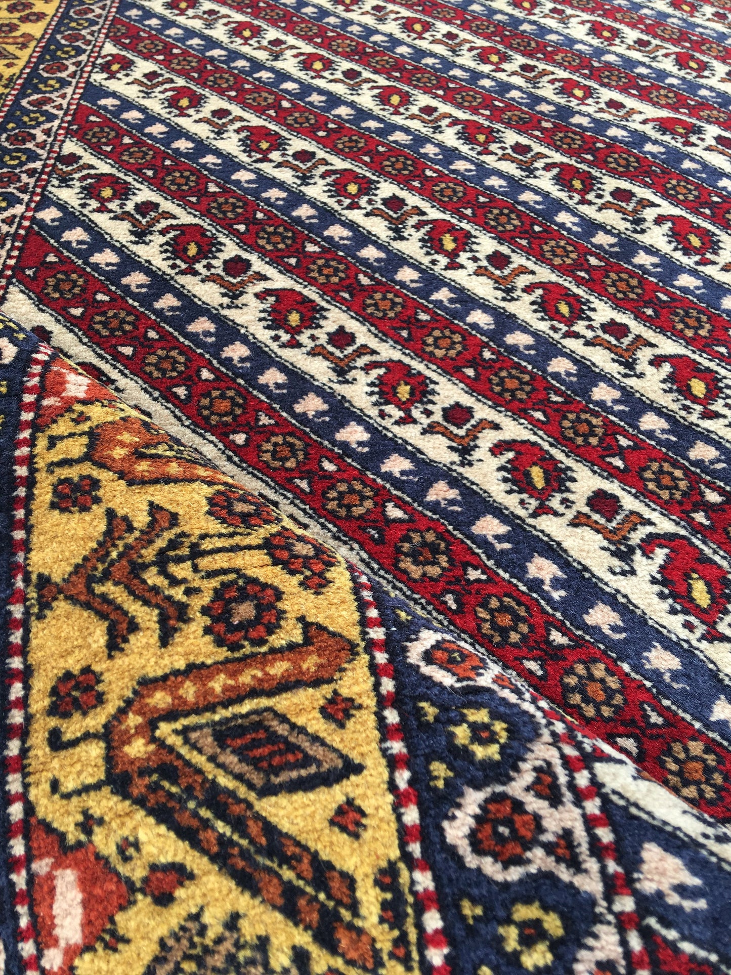 Oriental Striped Red White 3x5 Rug with Tribal Birds in Yellow Border