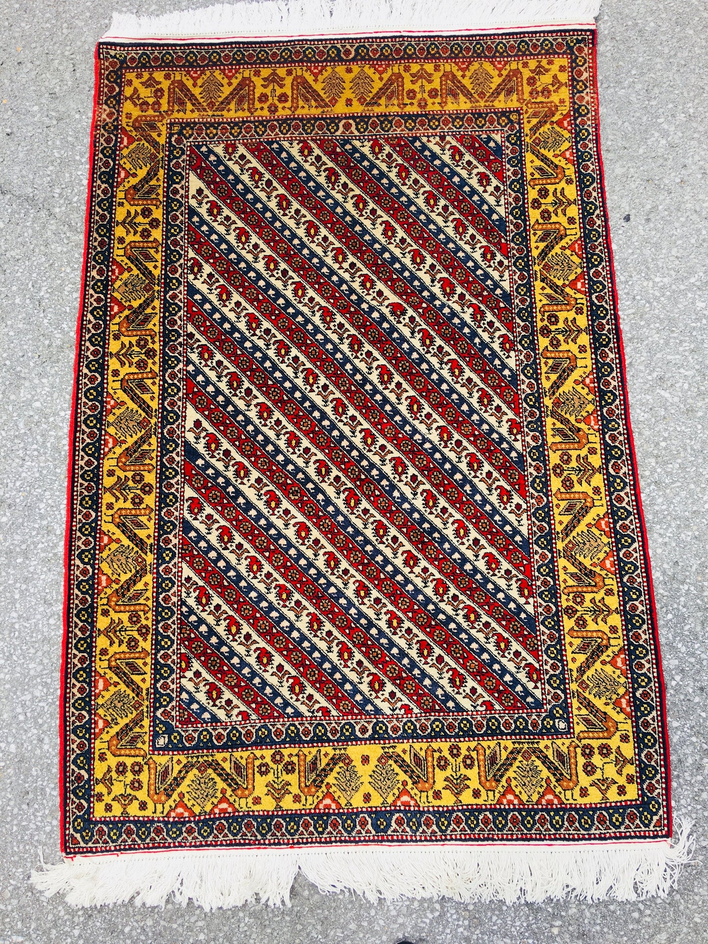 Oriental Striped Red White 3x5 Rug with Tribal Birds in Yellow Border