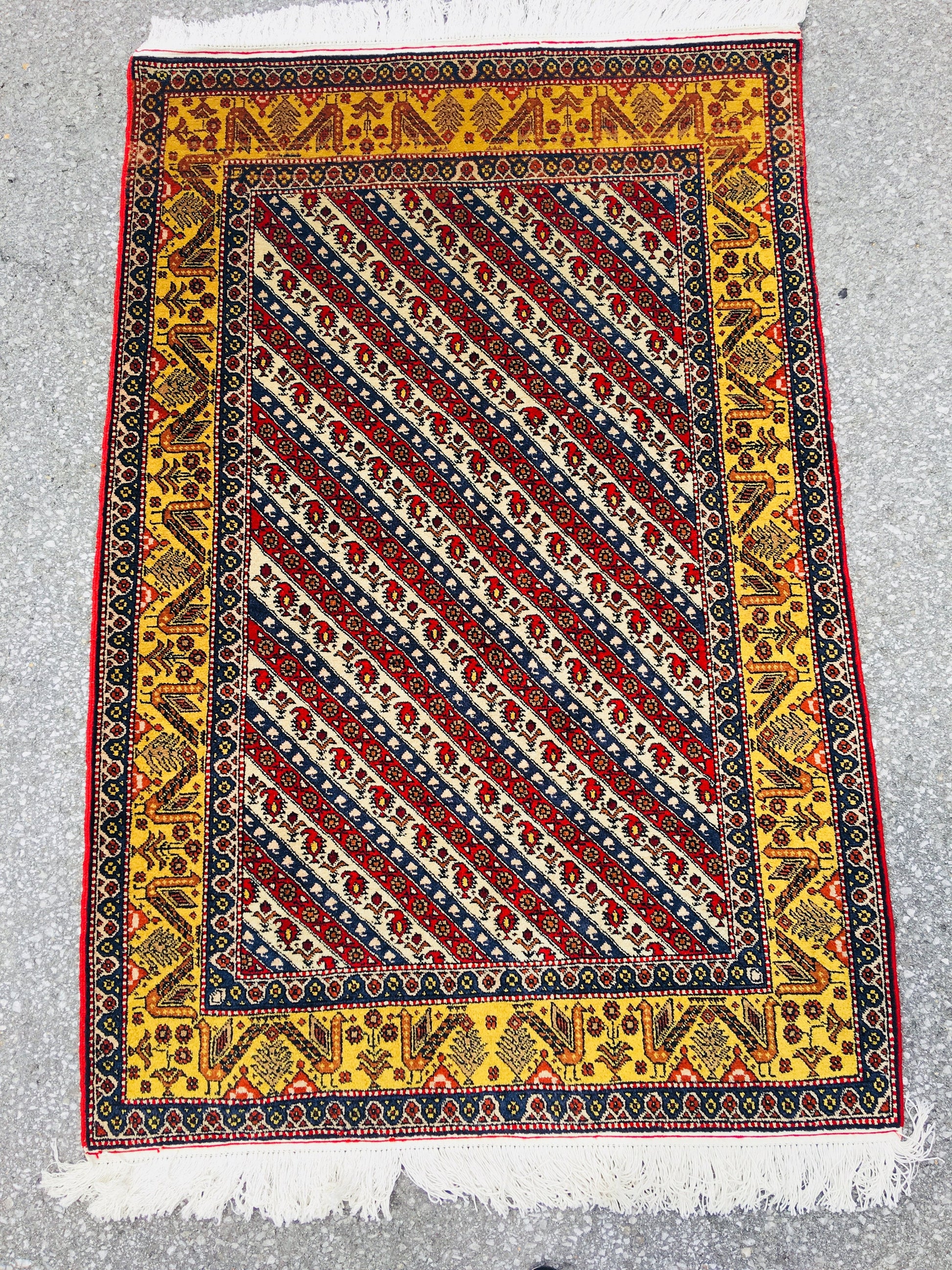 Oriental Striped Red White 3x5 Rug with Tribal Birds in Yellow Border