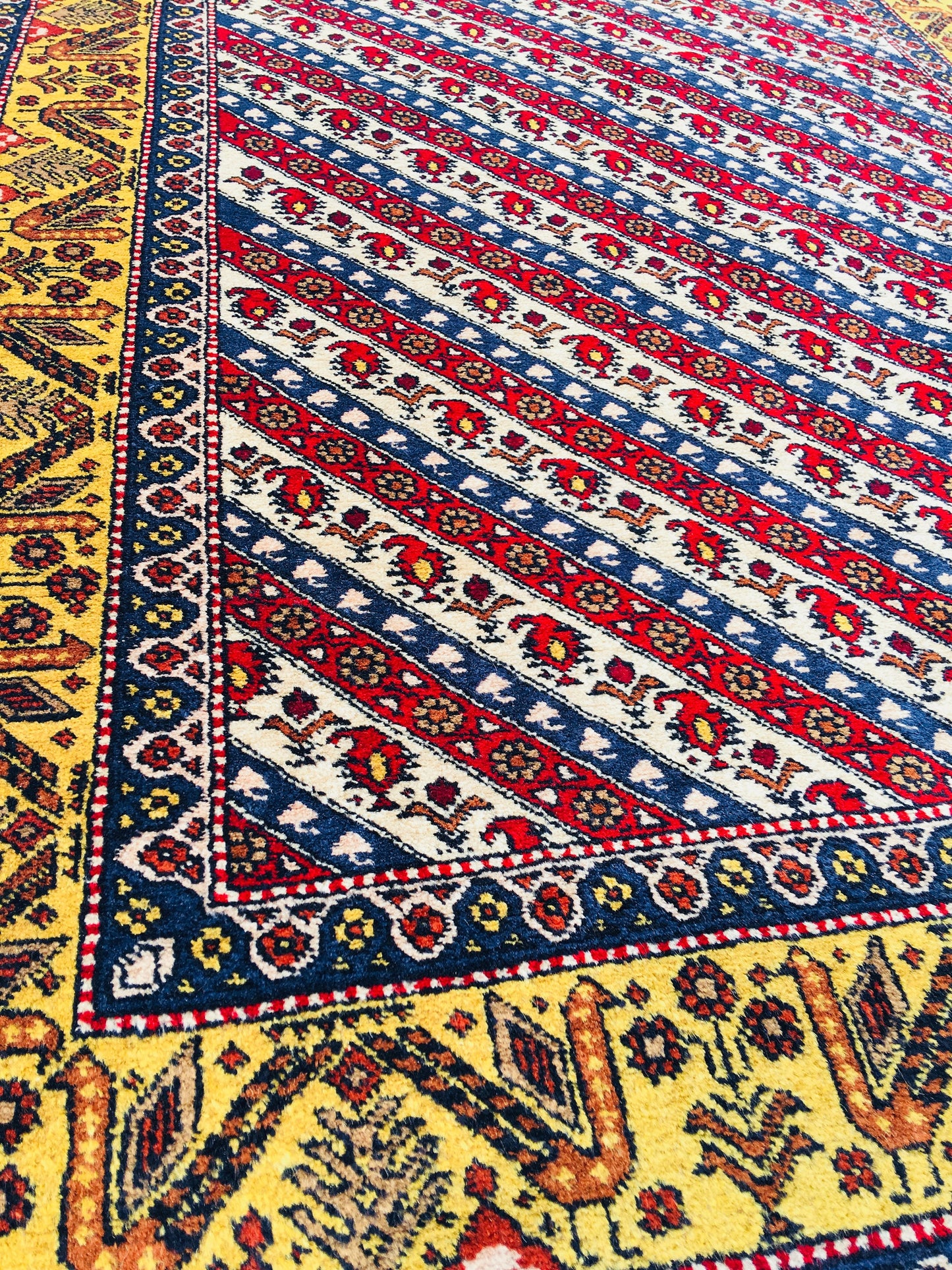 Oriental Striped Red White 3x5 Rug with Tribal Birds in Yellow Border