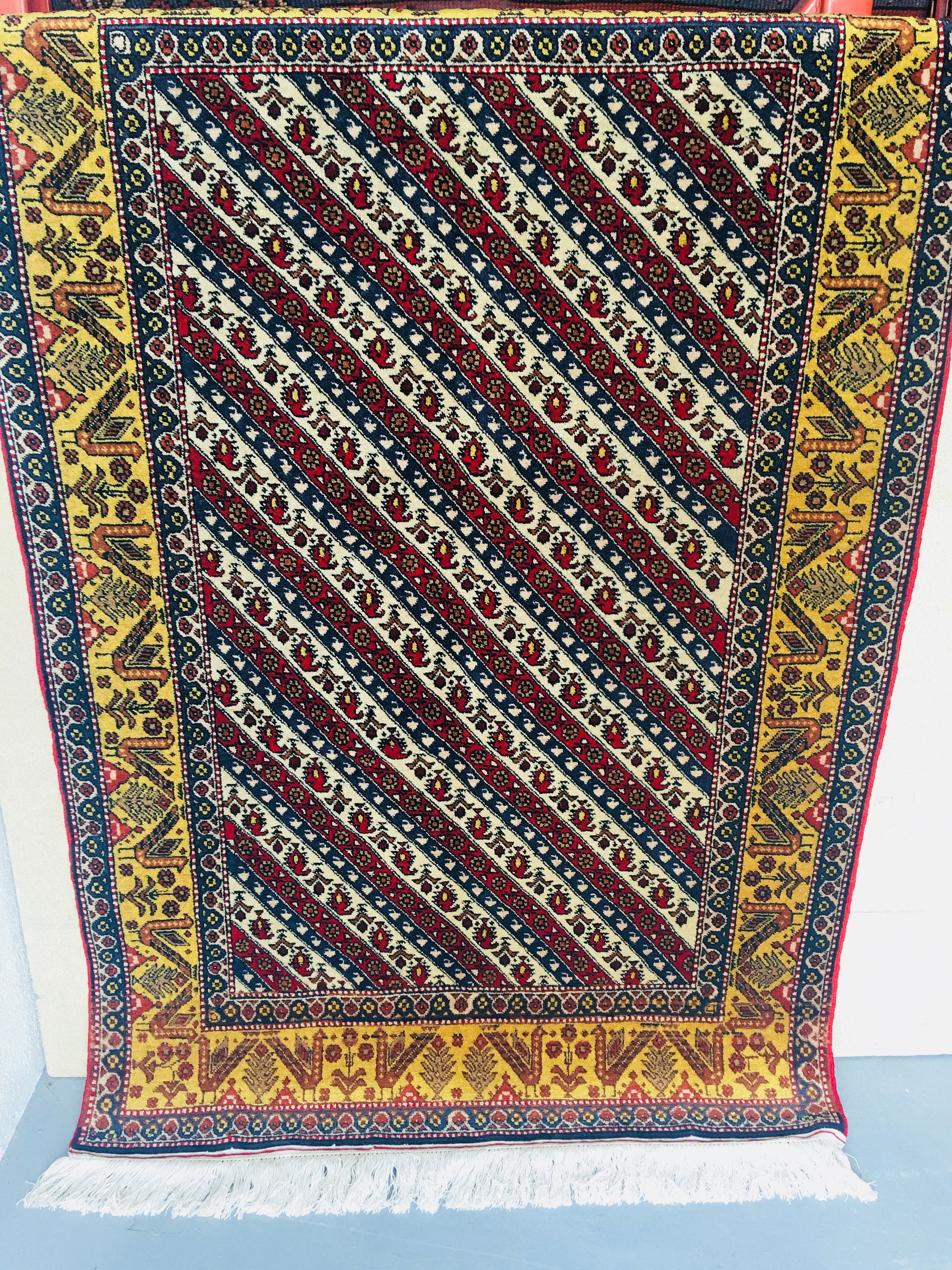 Oriental Striped Red White 3x5 Rug with Tribal Birds in Yellow Border
