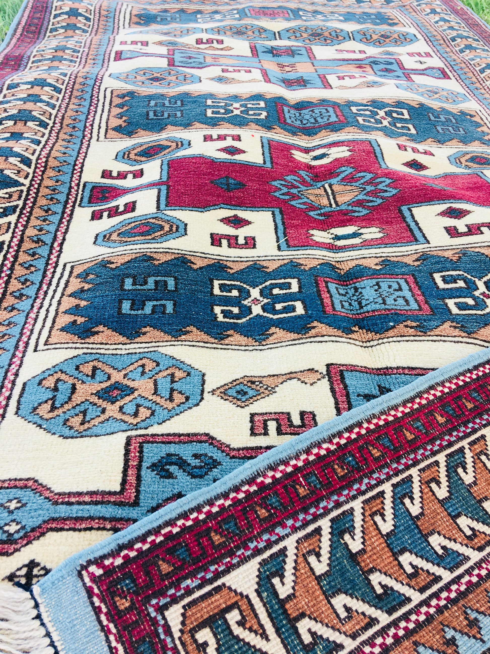 Blue Beige Oriental Aztec Design Rug | 3 x 6 Hand Knotted Wool