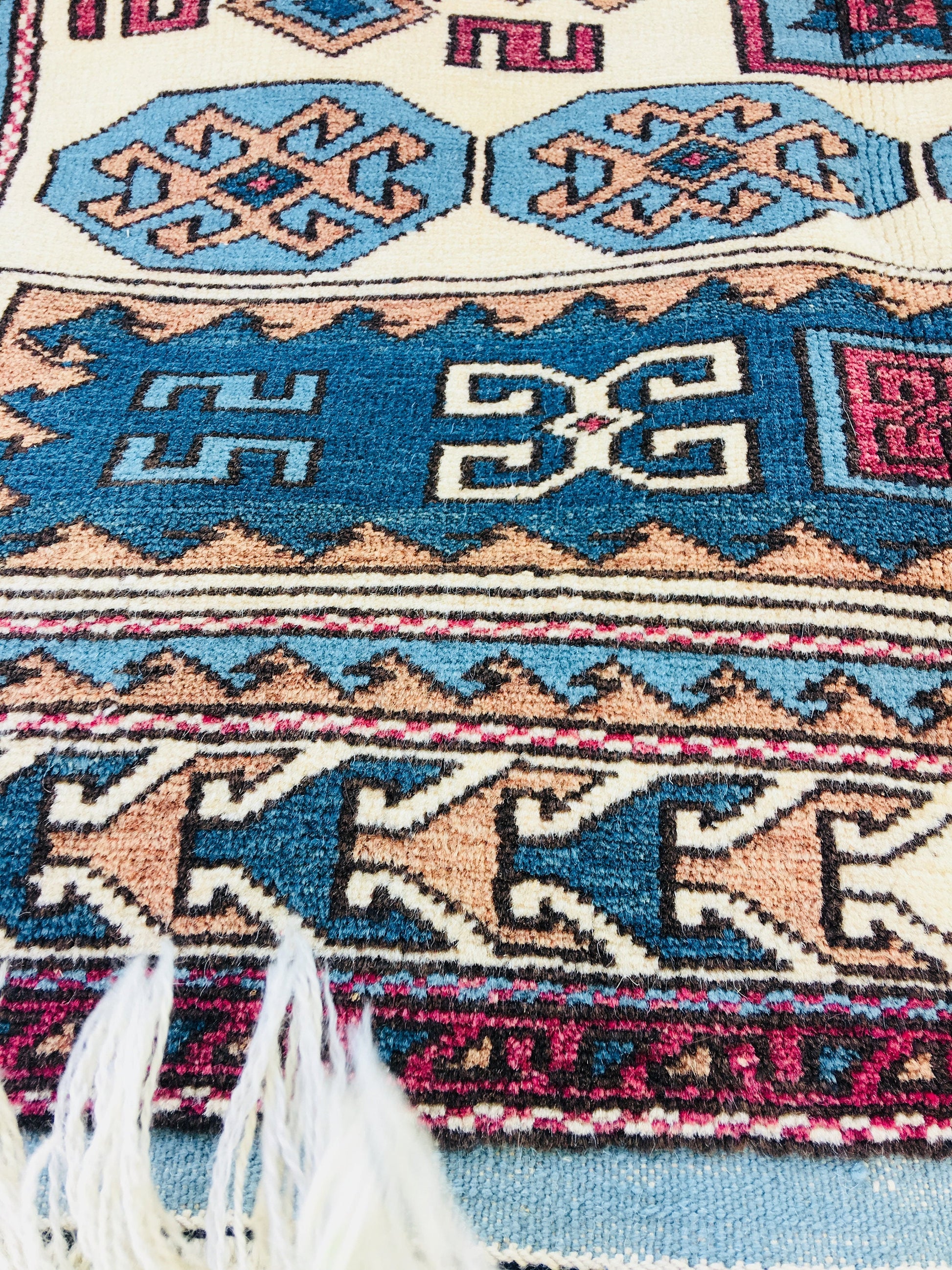 Blue Beige Oriental Aztec Design Rug | 3 x 6 Hand Knotted Wool