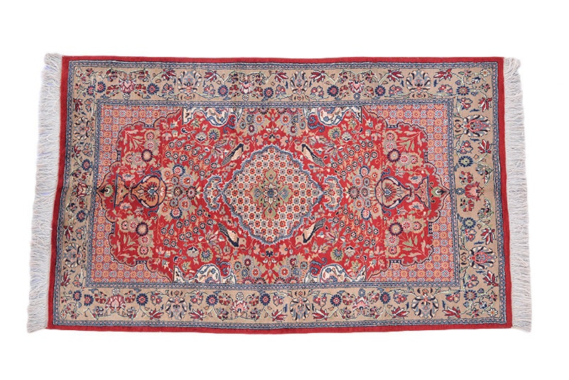 Red Oriental Rug | 3 x 5 Rug | Red Floral Rug | Bohemian Ethnic Rug | Low Pile Hand Knotted Rug