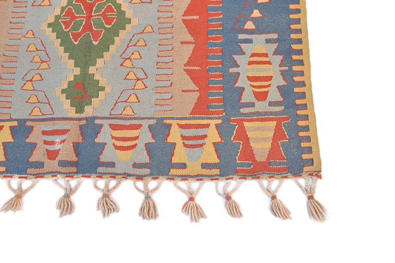 Antique Kilim Rug | 4 x 5 Feet | Vibrant Earth Tone Rug | Hand Knotted Distressed Geometric Rug | Low Pile Rug | Tribal Rug