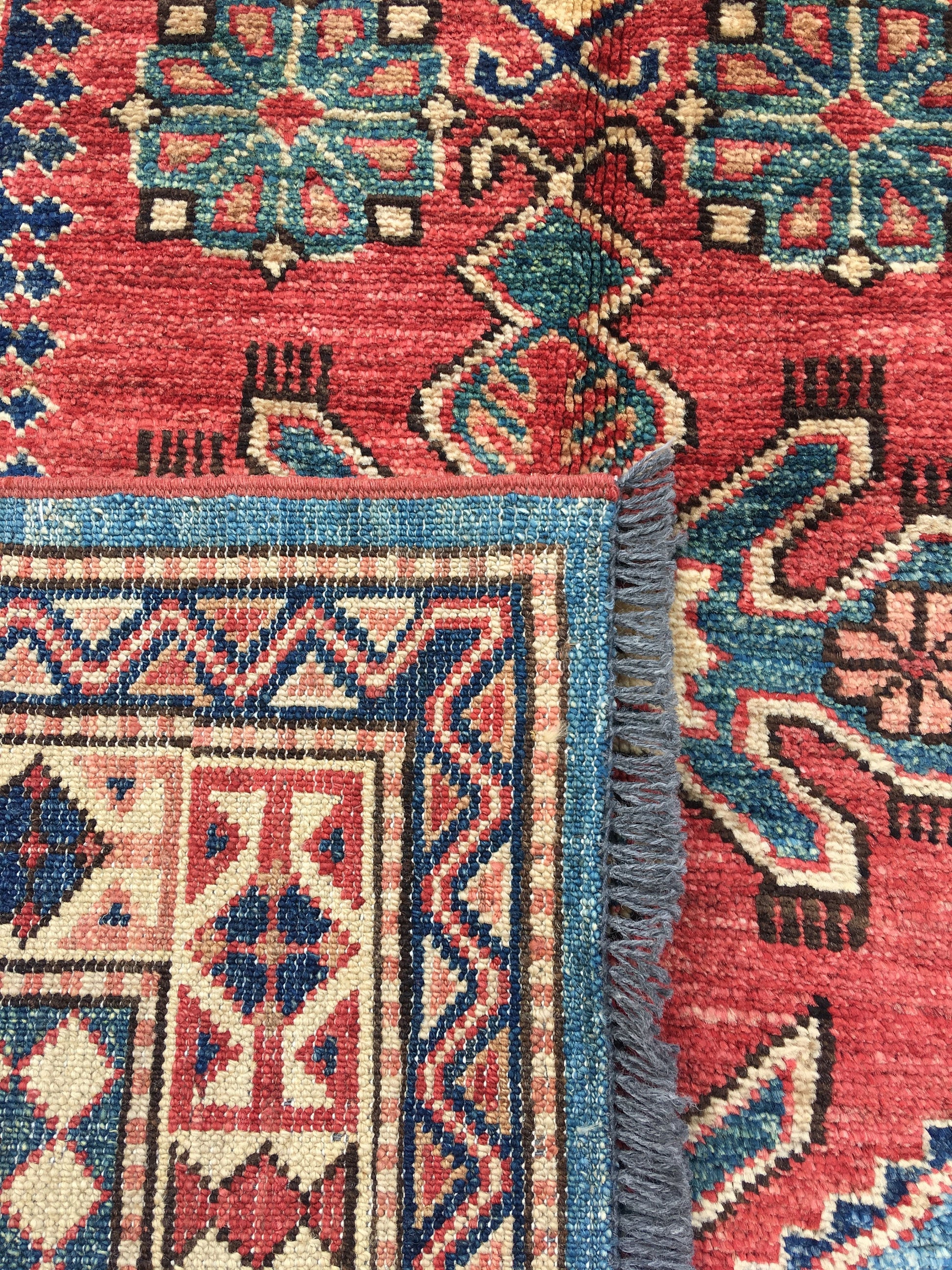 Handmade 3x5 feet Tribal Blue Beige Runner Rug Wool with Red Central Medallion