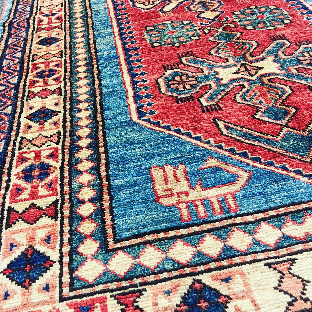 Handmade 3x5 feet Tribal Blue Beige Runner Rug Wool with Red Central Medallion