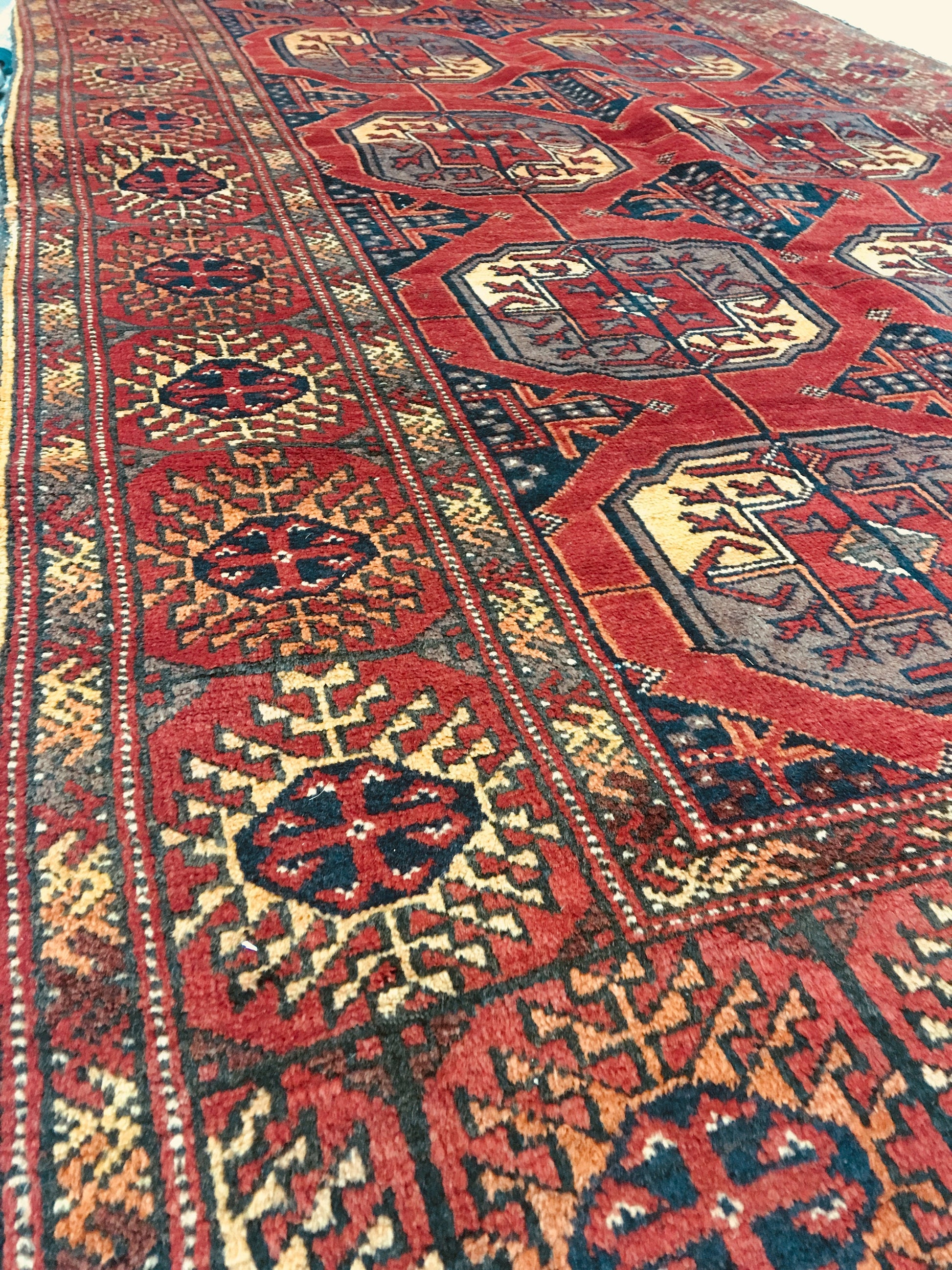 Antique Hand Knotted 4x6 Rug, Bright Red Navy Tribal Medallions, Low Pile Wool