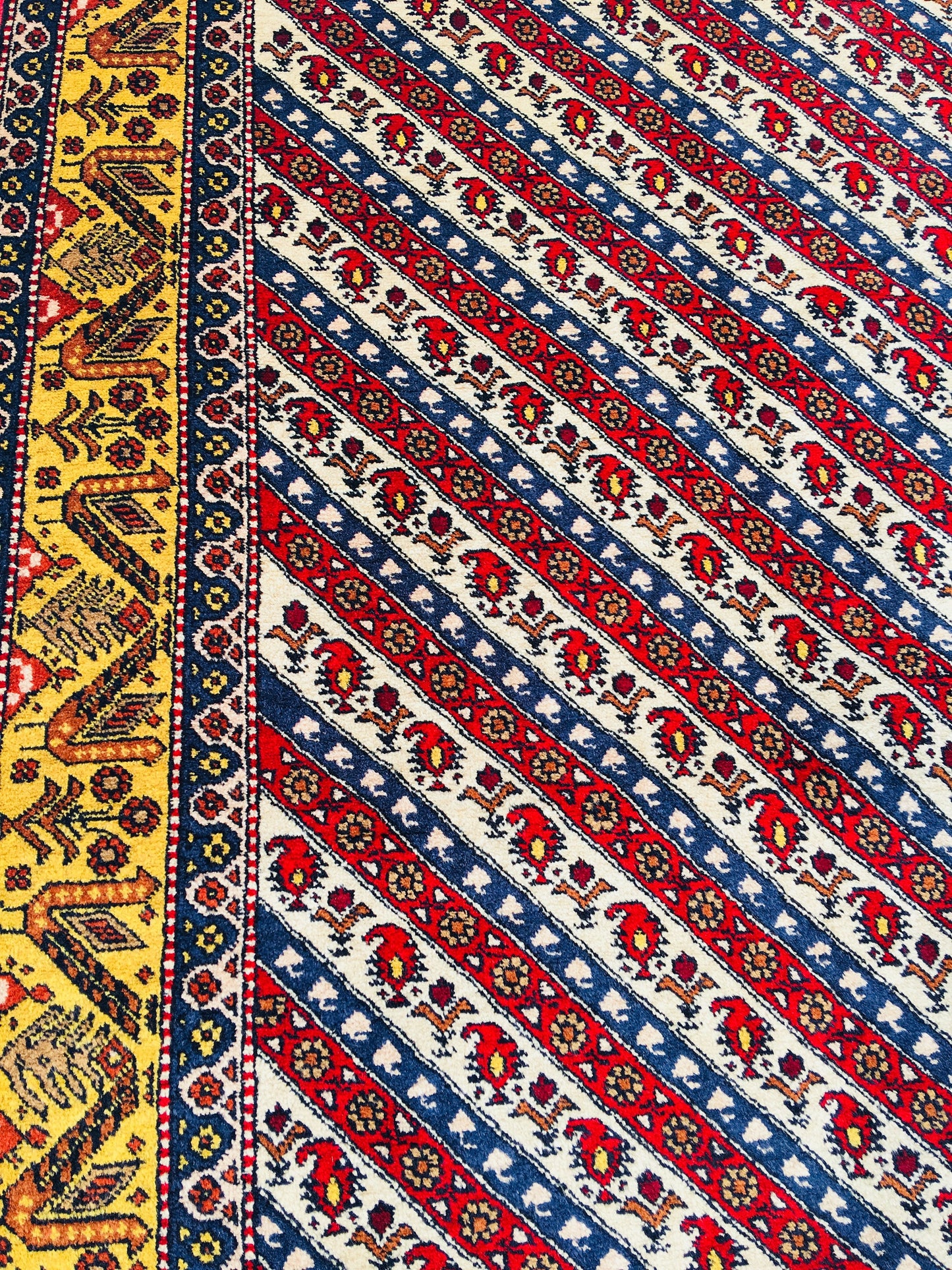 Oriental Striped Red White 3x5 Rug with Tribal Birds in Yellow Border