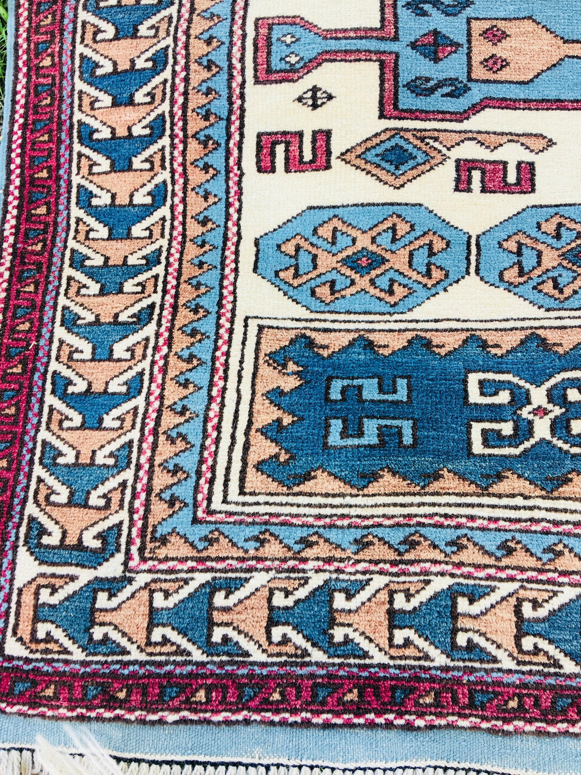 Blue Beige Oriental Aztec Design Rug | 3 x 6 Hand Knotted Wool