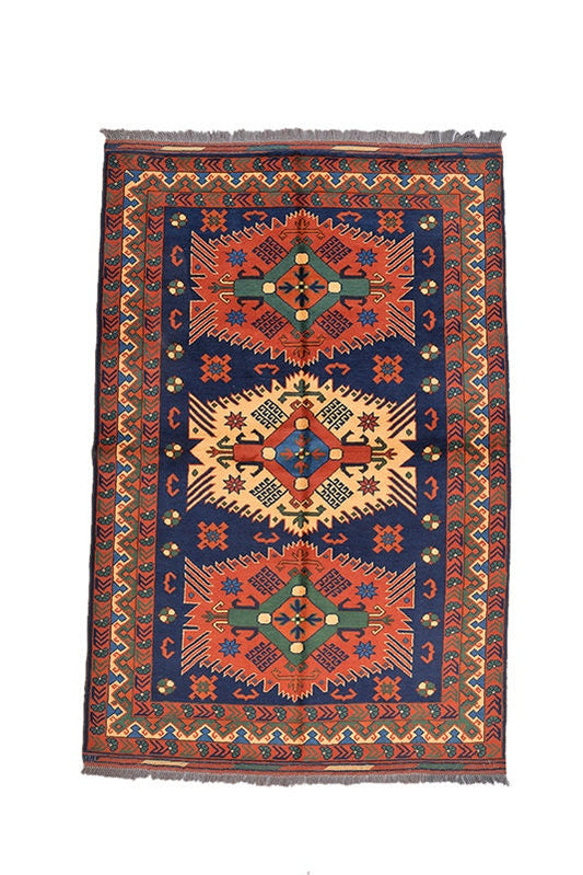 6.8 x 5.7 Feet | Vintage Area Rug | Orange Blue | Tribal Medallion Rug | Geometric Hand Knotted Rug | Rectangle Rug