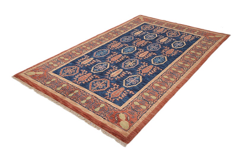 Vintage Orange 5x8 Blue Rug | Tribal Multi Color Medallion Rug | Hand Knotted Geometric Floor Accent Oriental Rug