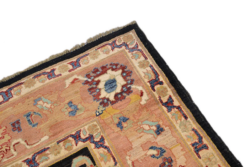 Large Black 8x10 Oriental Rug, Beige Brown Thick Border, Persian Floral Design Pattern, Dining Room Rug, Wool Thick Plush Pile