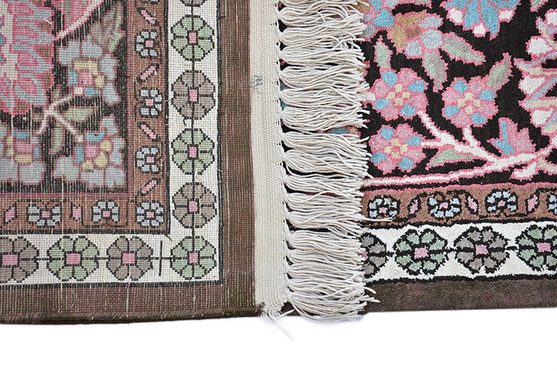 Large 8 x 11 Feet Rug, Kashmir Silk Oriental Persian Design Rug, Pink Black Blue Stunning Vintage Hand Knotted Antique