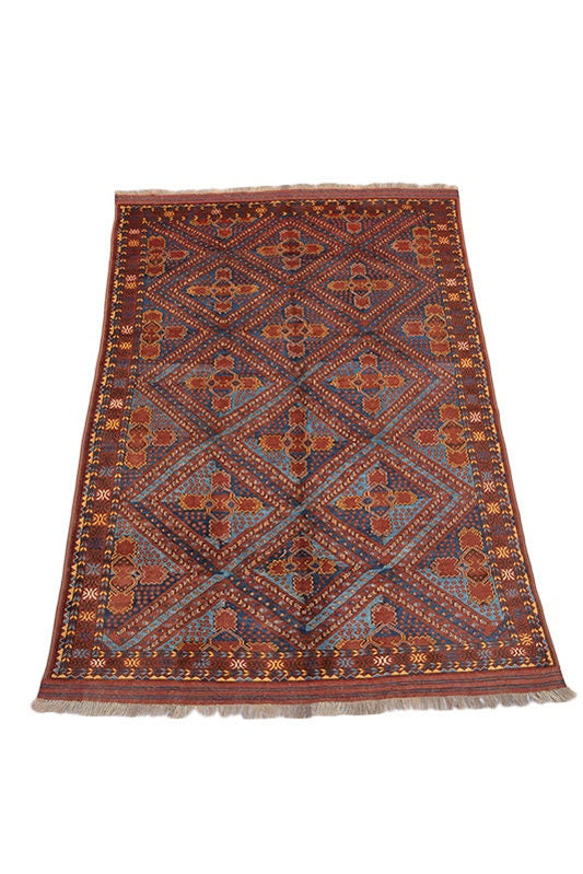 Large Vintage Rug | 6 x 9 Red Blue Vintage Rug | Medallion Diamond Rug | Living Room Rug | Antique Hand Knotted Rug