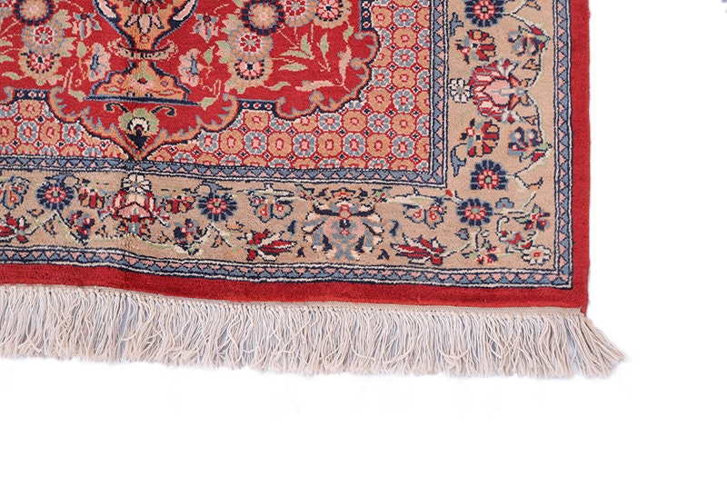 Red Oriental Rug | 3 x 5 Rug | Red Floral Rug | Bohemian Ethnic Rug | Low Pile Hand Knotted Rug