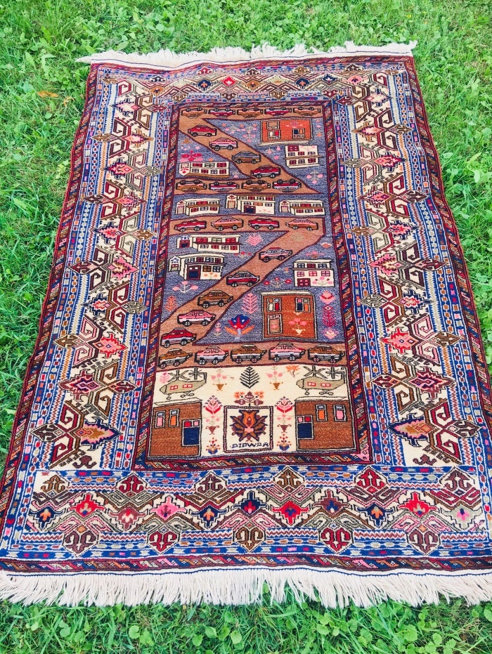 Vintage Oriental 4x6  Rug | Kids Playroom Car Rug | Blue Rug | Antique Persian Rug | Playroom Hand Knotted Rug